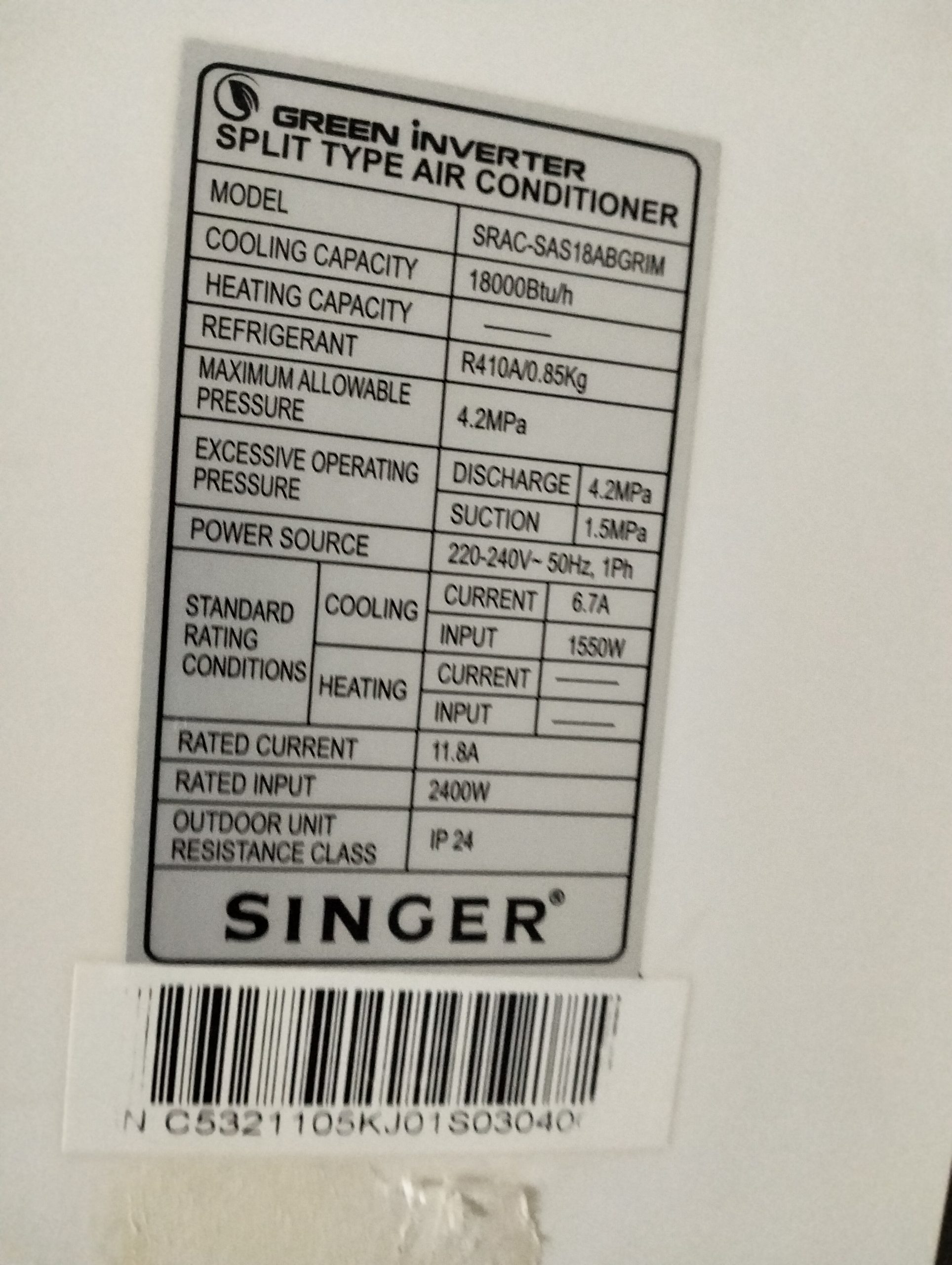 Singer 1.5 Tone Green Inverter